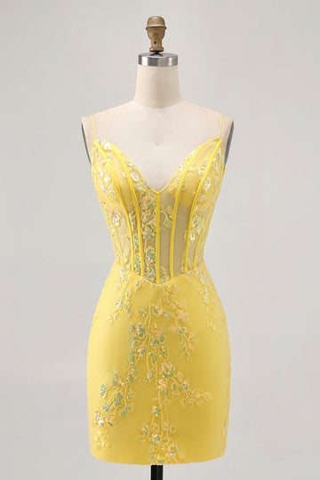 Floral Yellow Corset Tight Short Homecoming Dress with Sequins